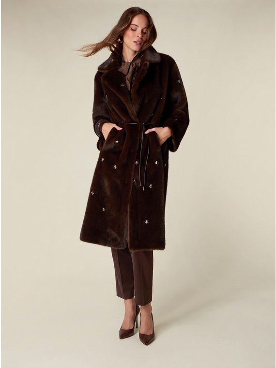 Long faux fur coat with eyelets