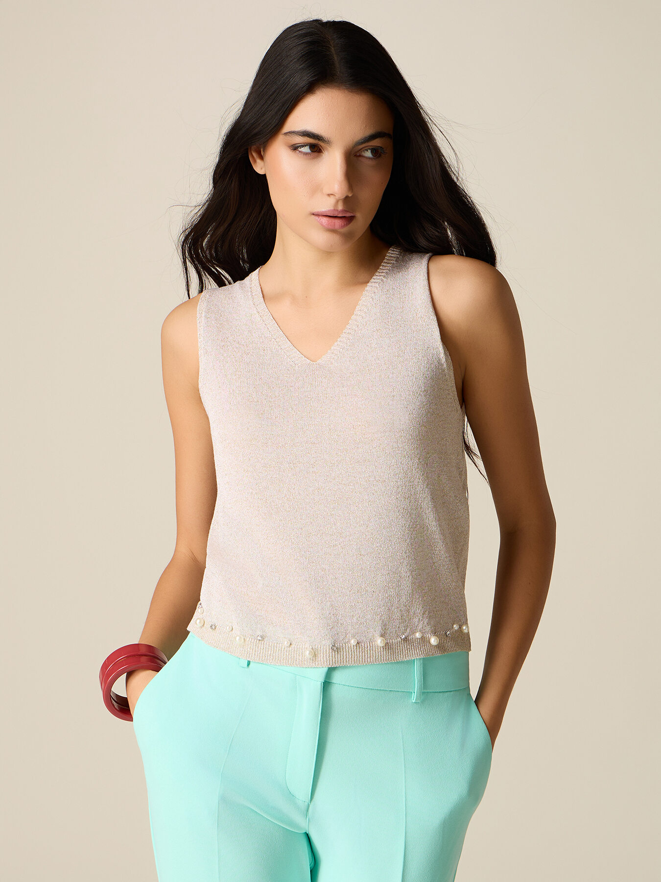 Lurex knit top with jewel embroidery image number 0