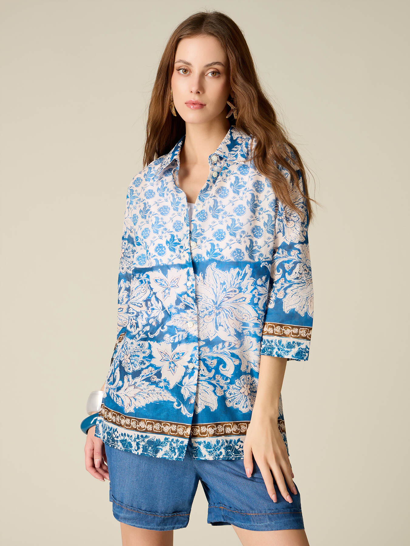 Patterned cotton muslin shirt image number 0