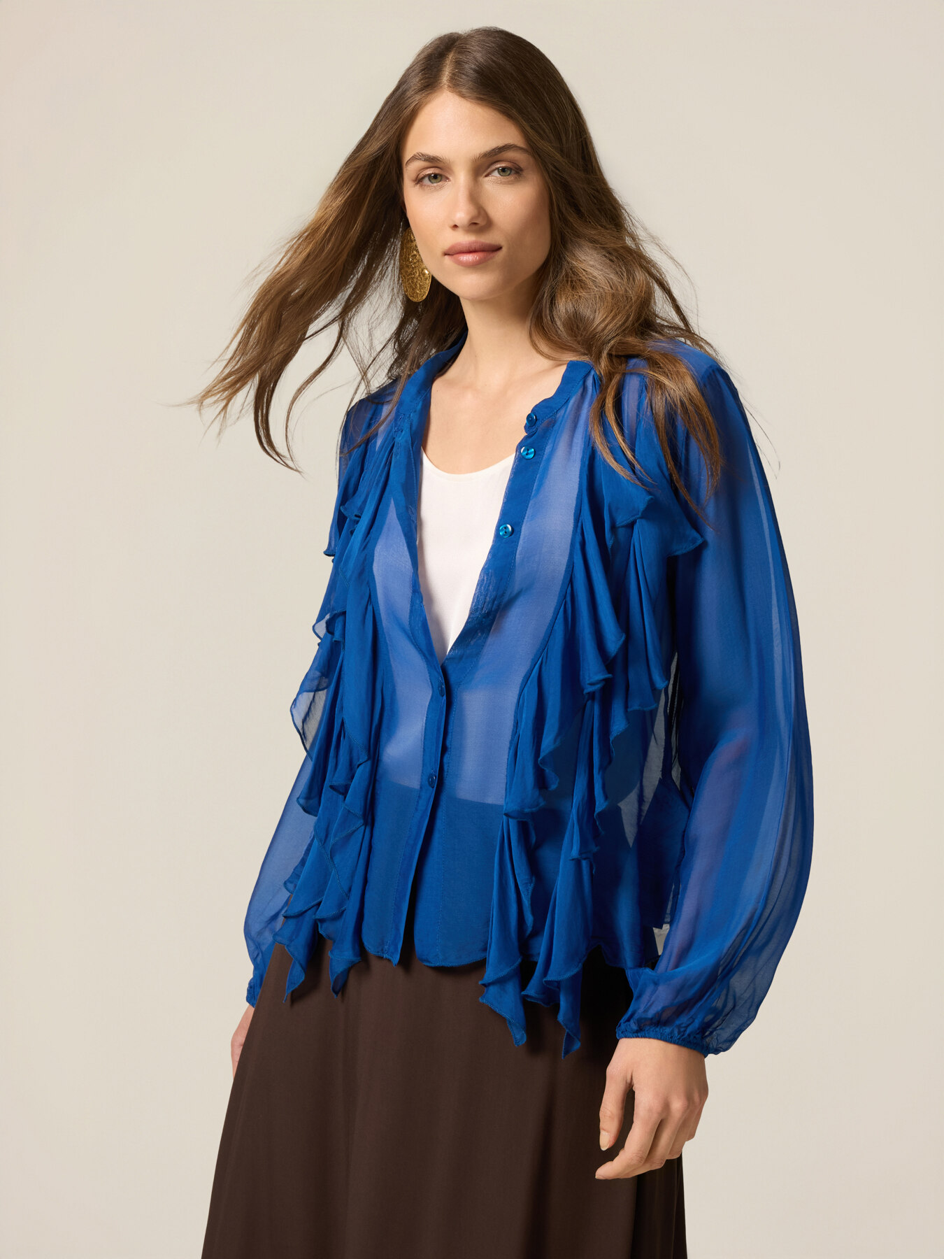 Chemise en soie m&eacute;lang&eacute;e avec volants image number 0