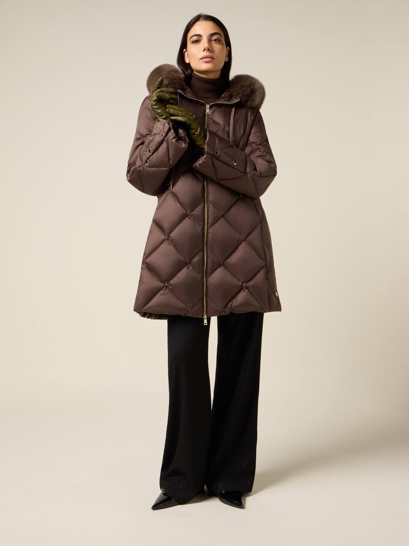 Midi quilted down jacket with real feather image number 0