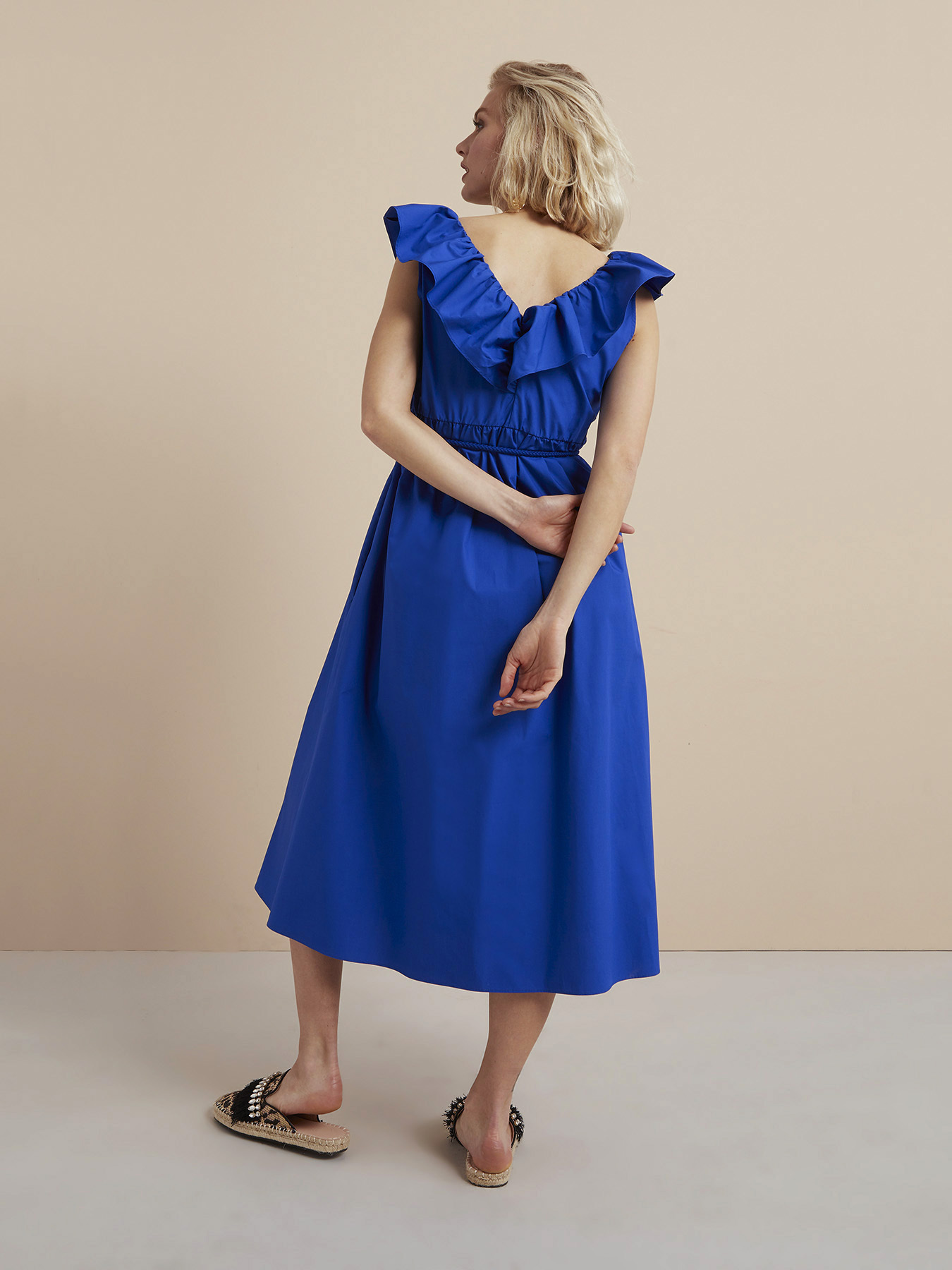 Robe mi-longue en popeline avec volant image number 2