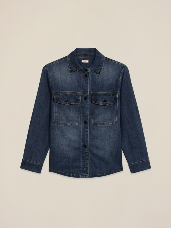Jeanshemd-Jacke mit Kristallen