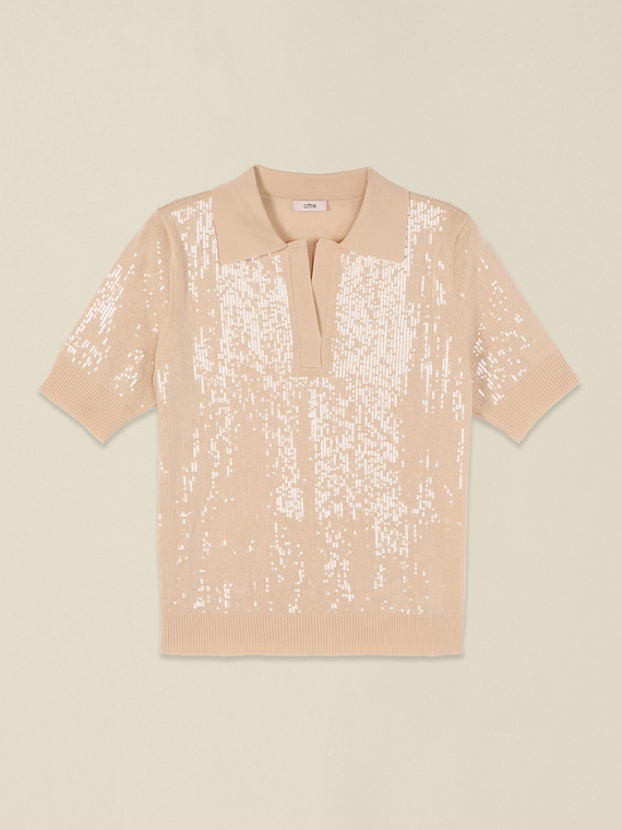 Polo aus feiner Strickware mit Pailletten