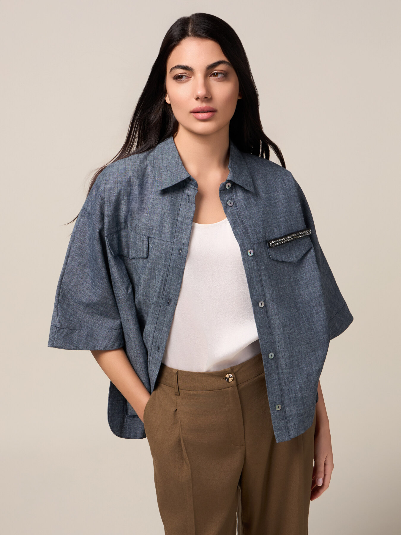 Camisa oversize mezcla de lino efecto denim image number 0