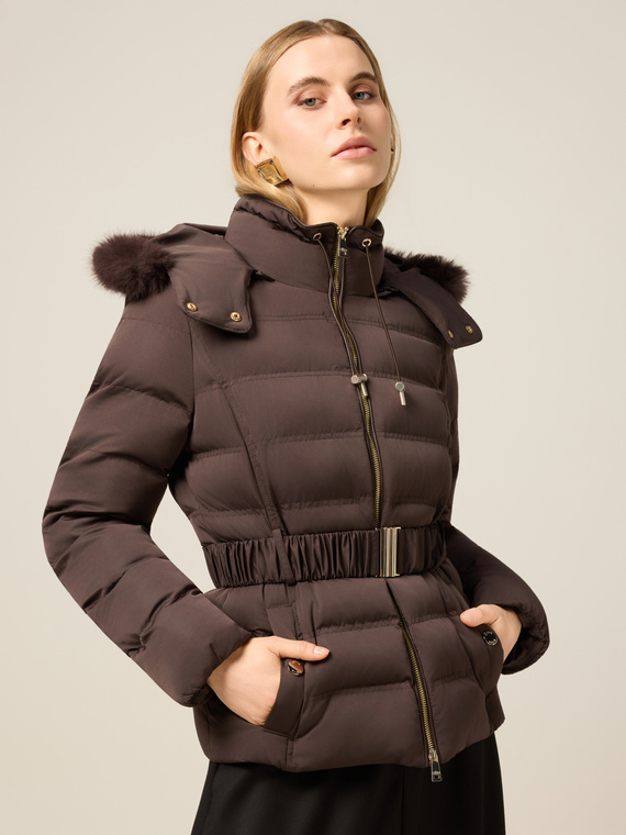 Down jacket with hood and waist belt