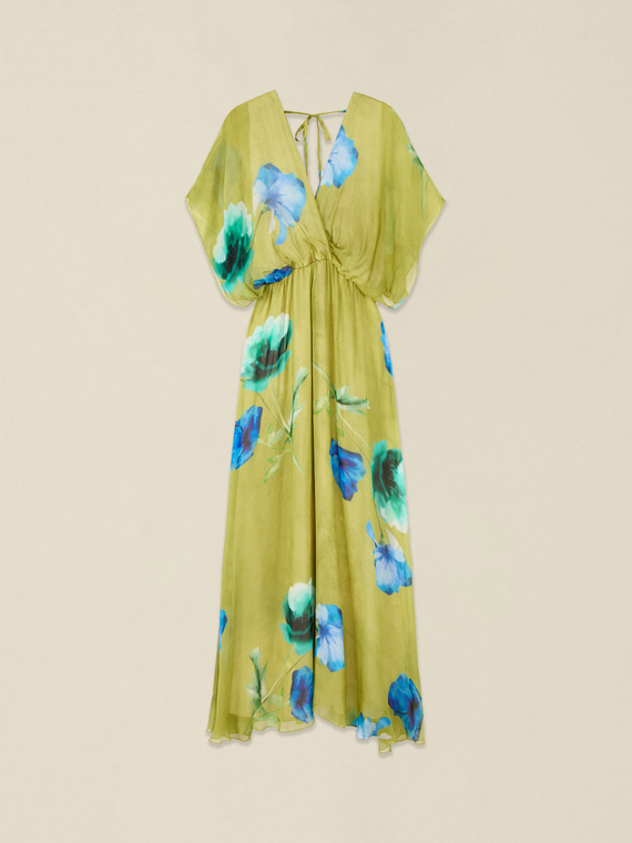 Robe longue en m&eacute;lange de soie &agrave; motifs