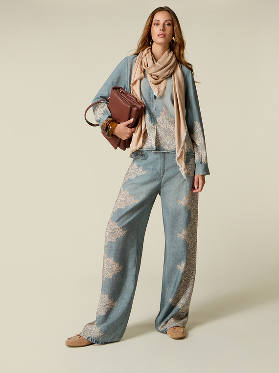 Palazzo-Hose in Denim-Optik mit Spitze