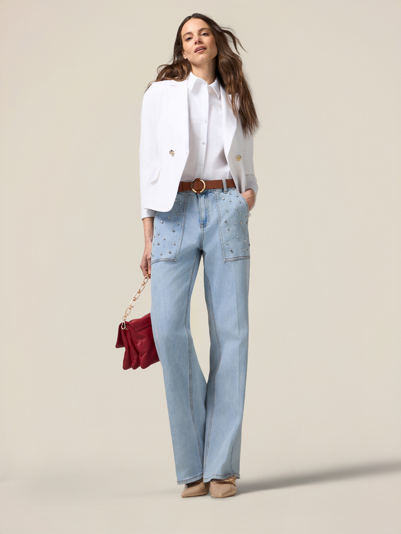 Jeans a palazzo con castoni image number 0