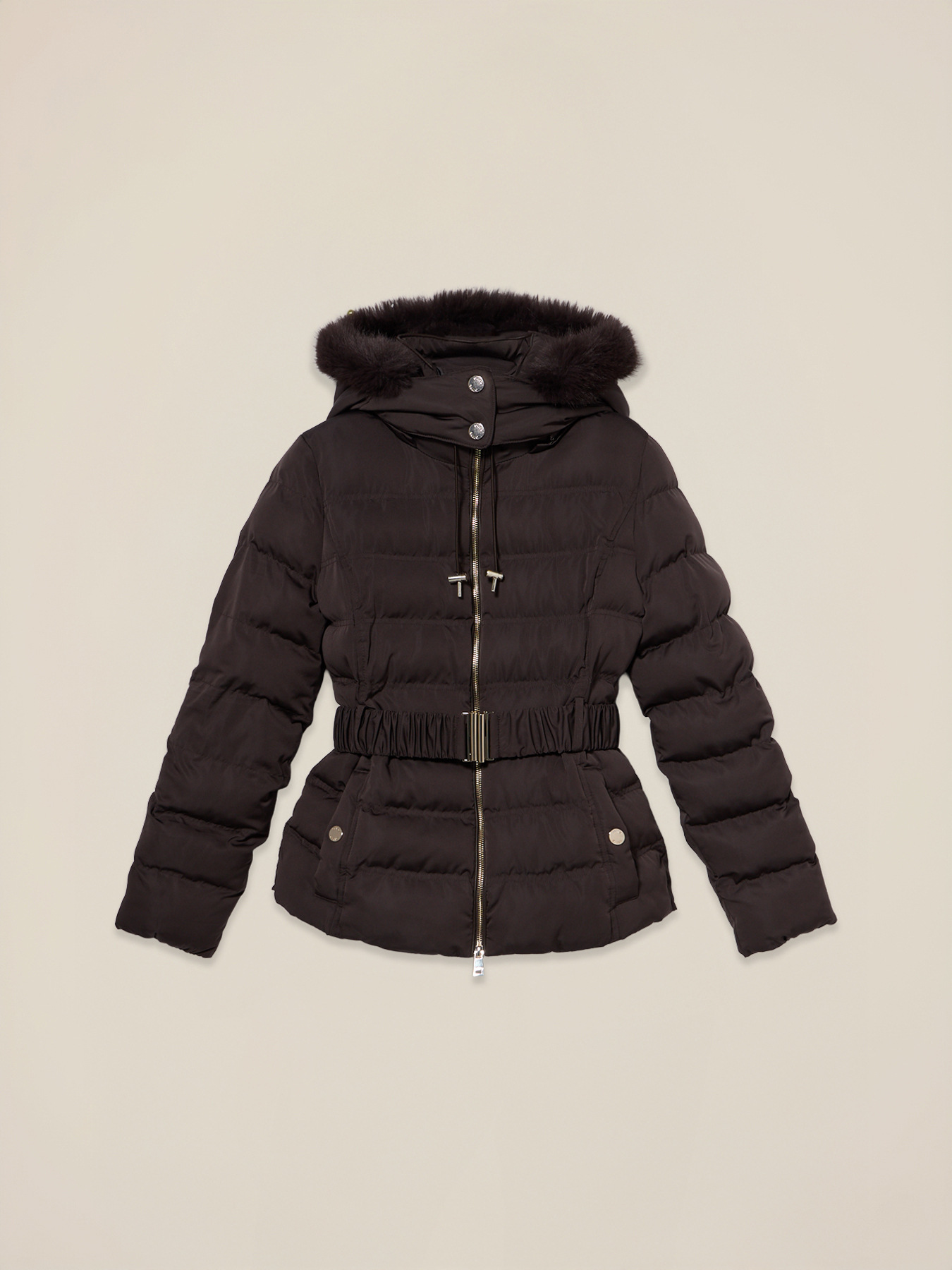 Down jacket with hood and waist belt image number 3