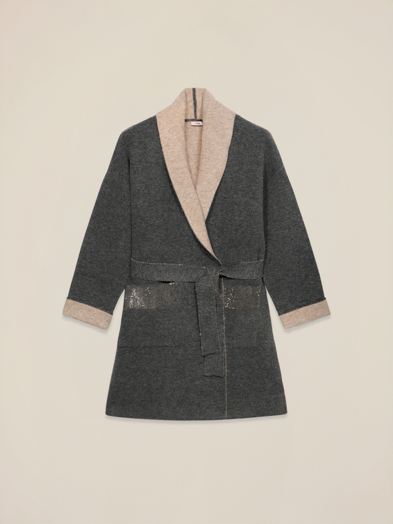 Double-breasted cardigan with belt and shiny details