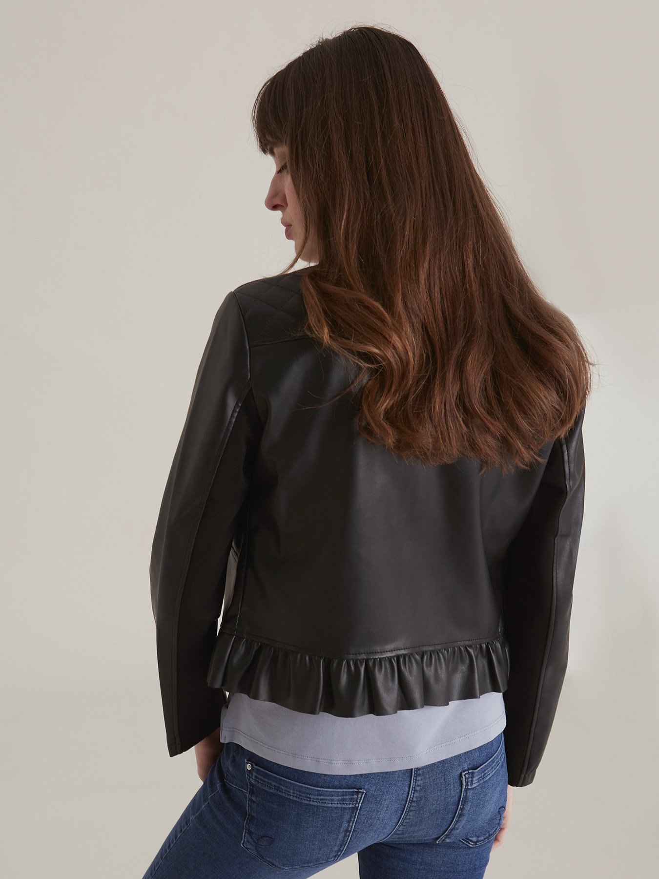 Short leather-effect jacket with ruffle image number 1