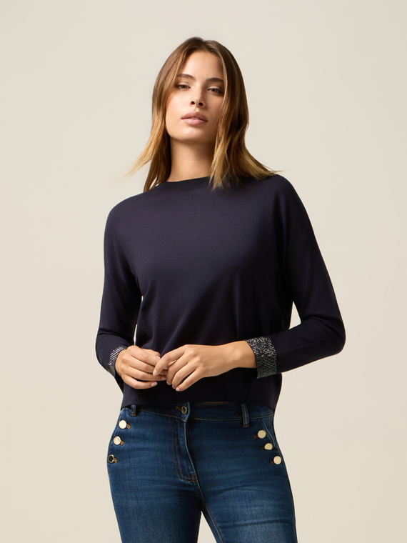 Mixed viscose sweater with decorated cuffs