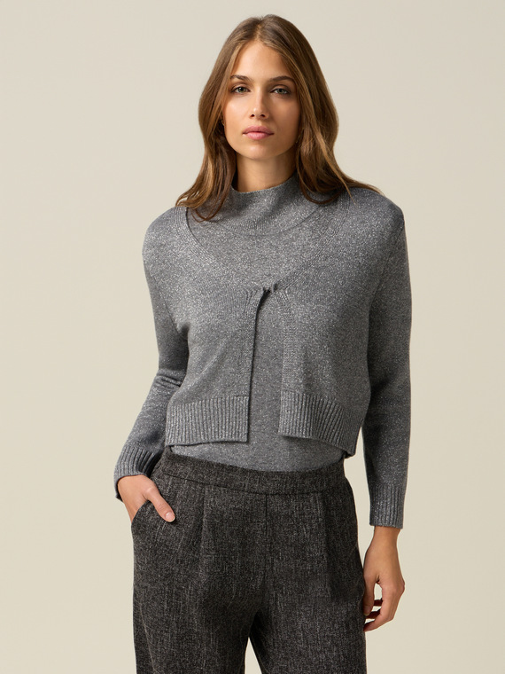 Short lurex wool blend cardigan