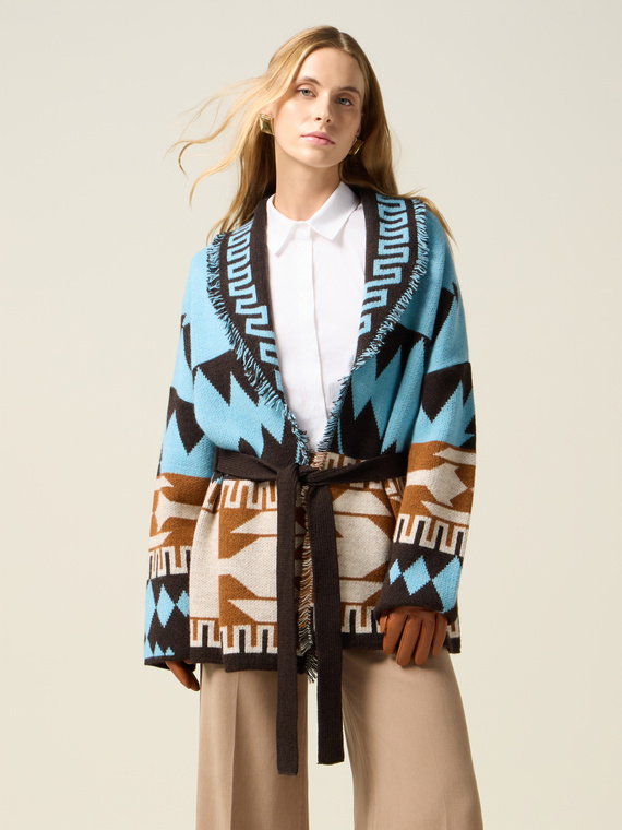 Cardigan jacquard &agrave; franges