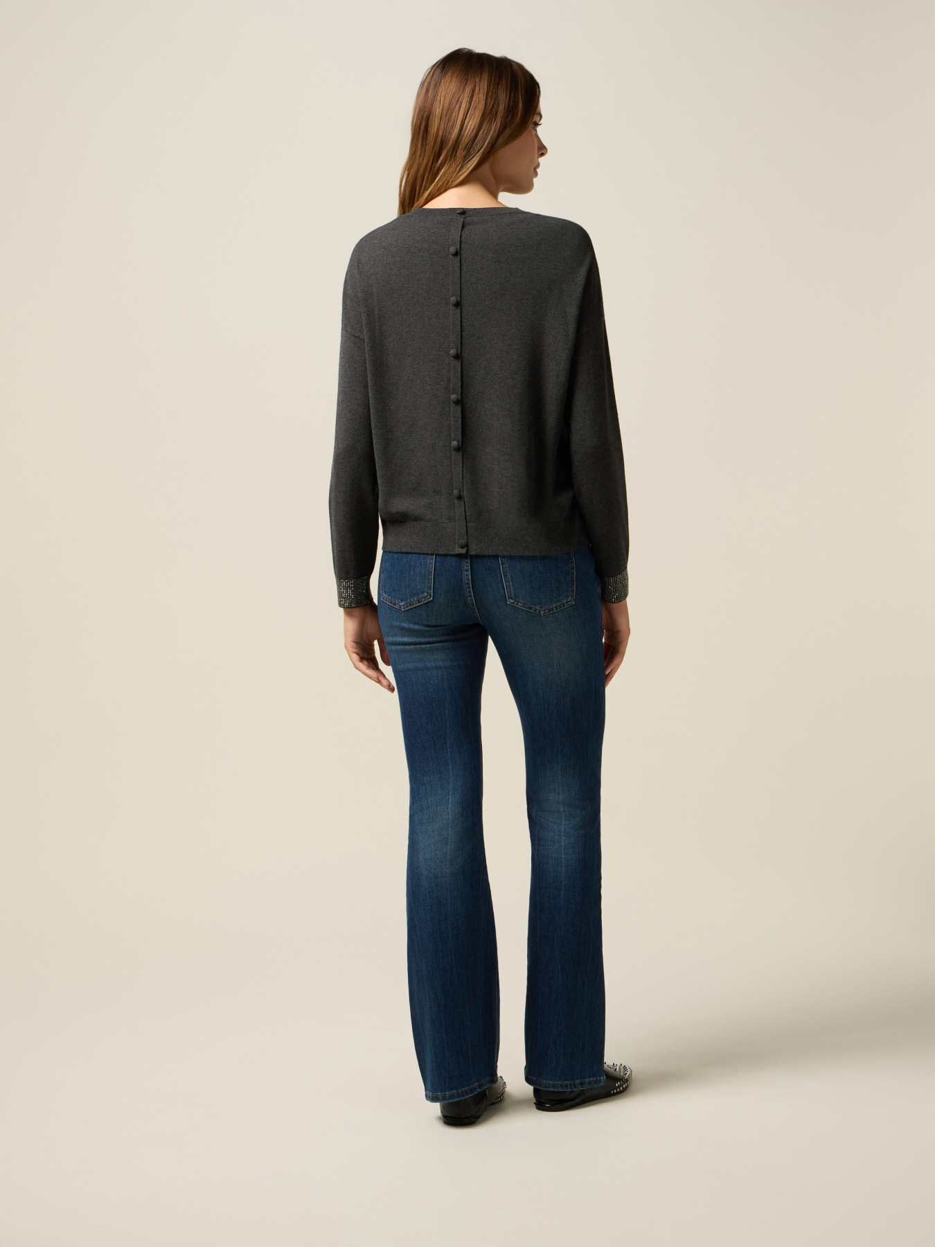 Mixed viscose sweater with decorated cuffs image number 1