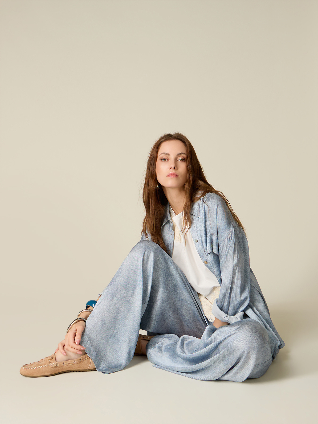 Pantalon palazzo en satin effet denim image number 0