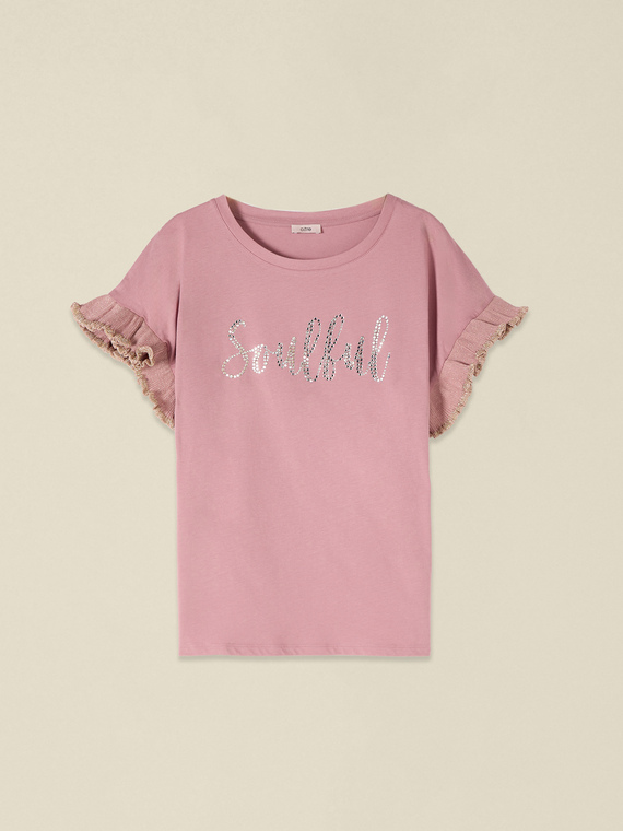Cotton t-shirt with crystals and ruffles
