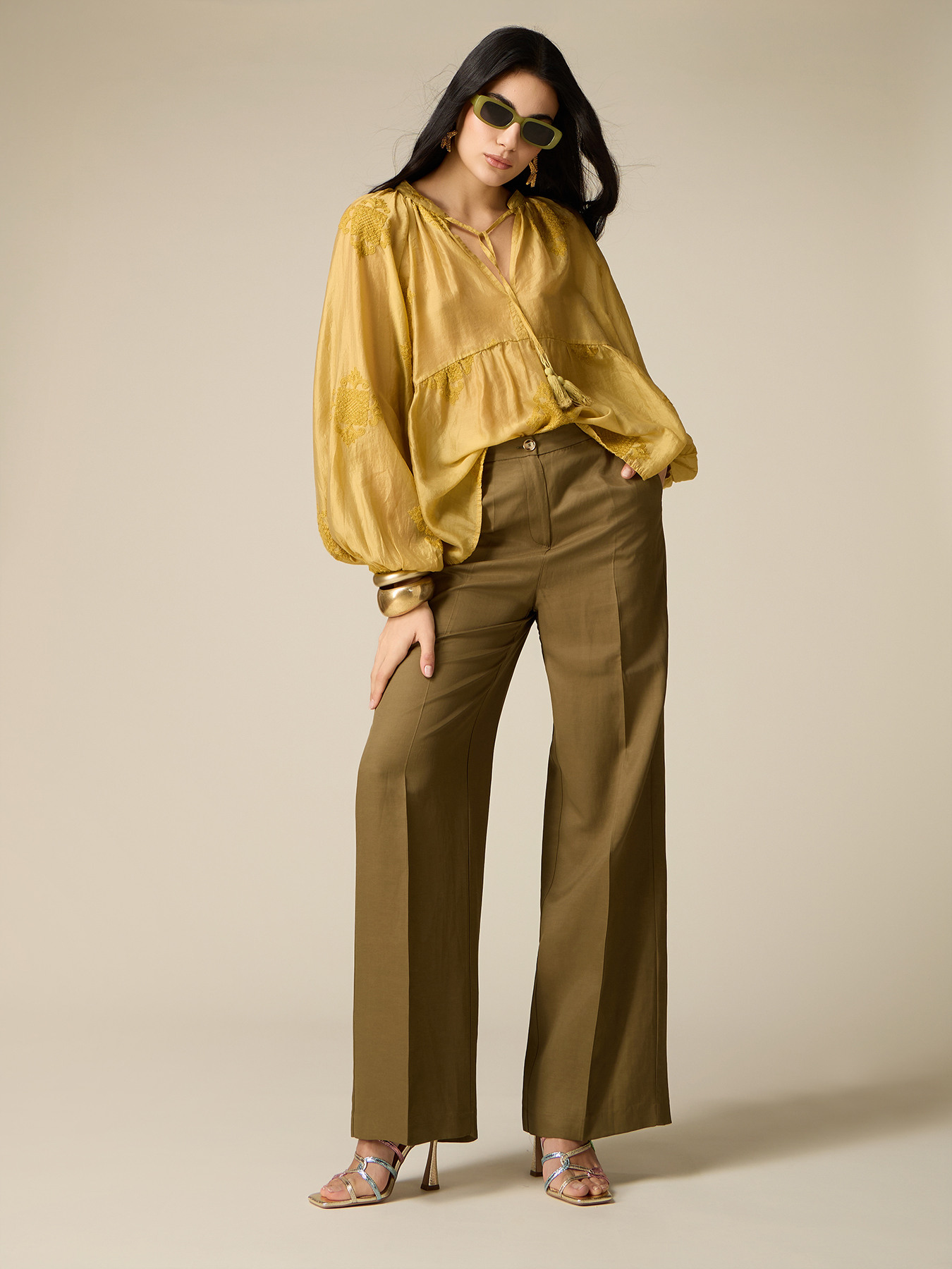 Pantalon palazzo en tissu m&eacute;lang&eacute; lin image number 0