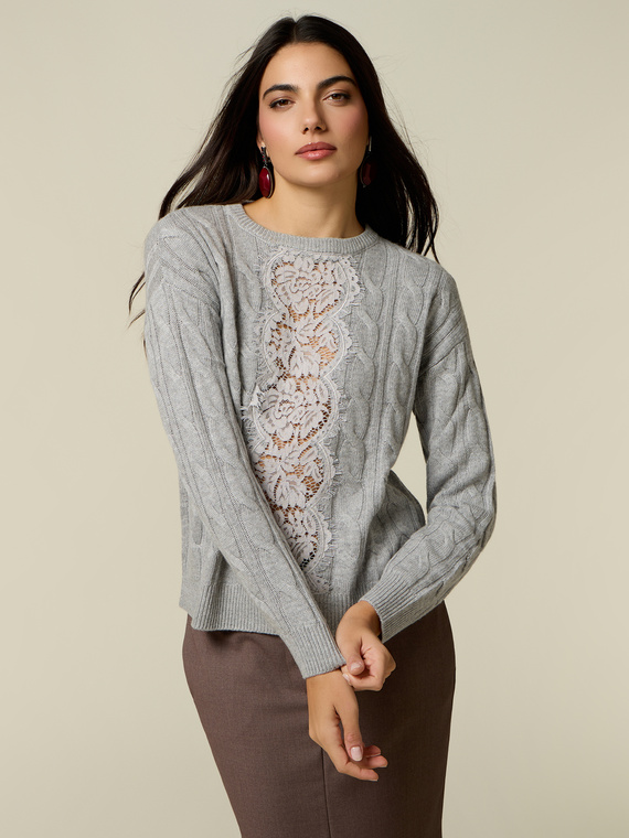 Cashmere blend sweater with lace insert