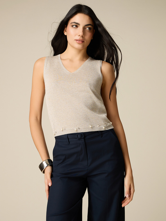 Lurex knit top with jewel embroidery