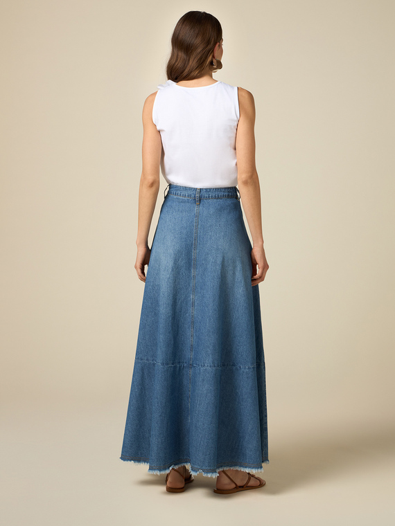 Denim long skirt with embroidery
