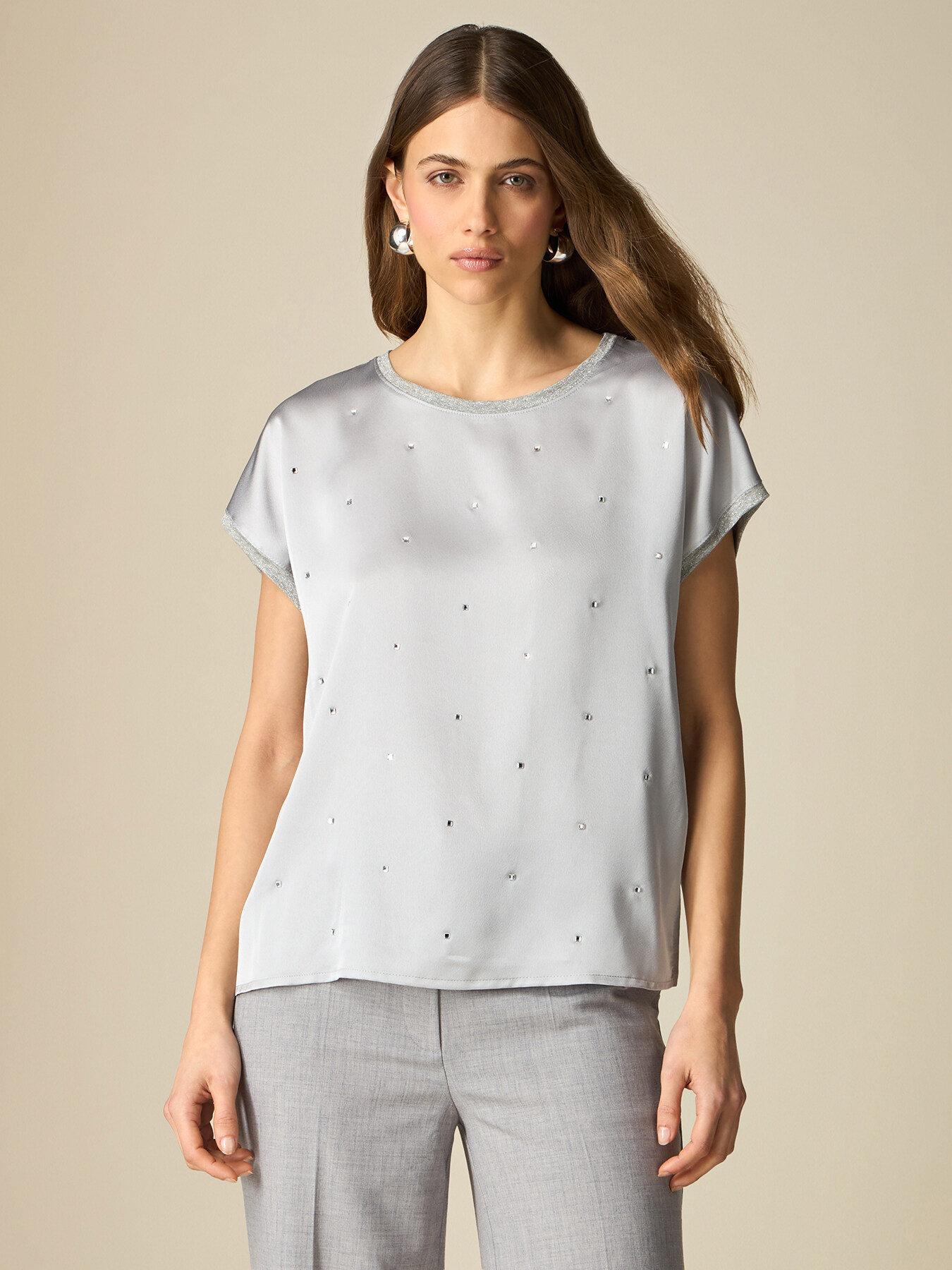 Dual-fabric t-shirt with crystals image number 0