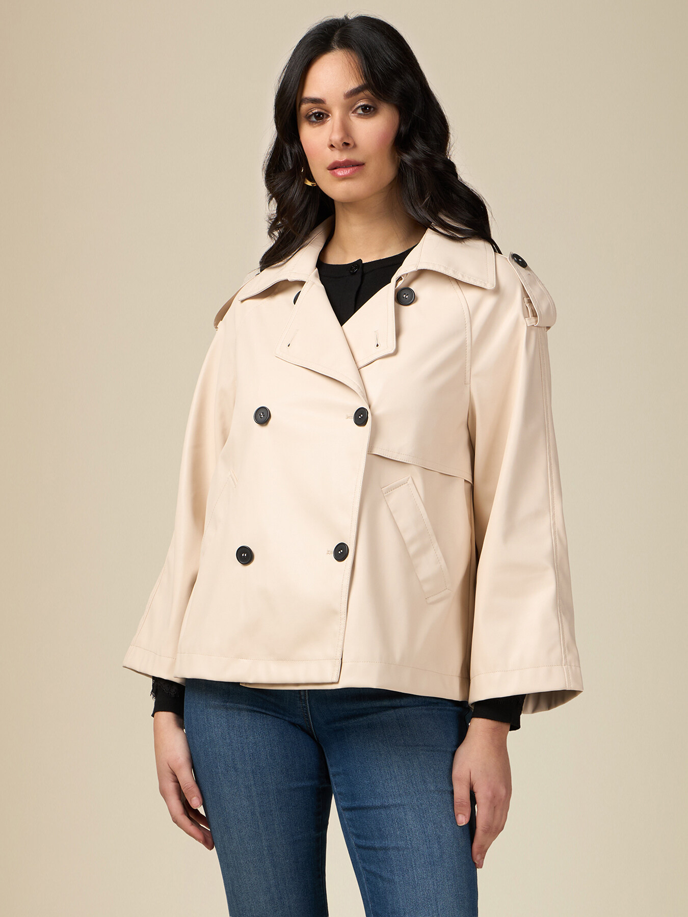 Short trench coat in coated fabric image number 0