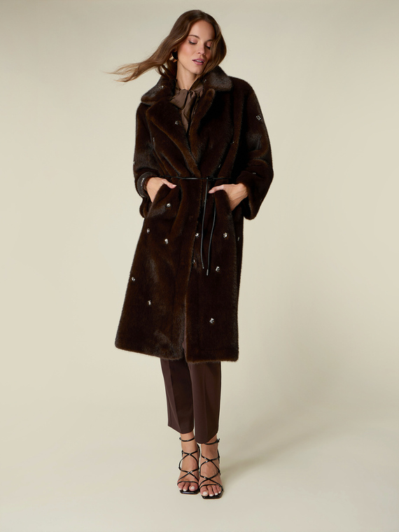 Long faux fur coat with eyelets