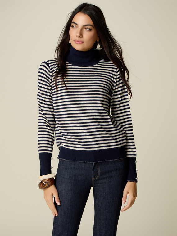 Striped cashmere-blend turtleneck with jewel buttons