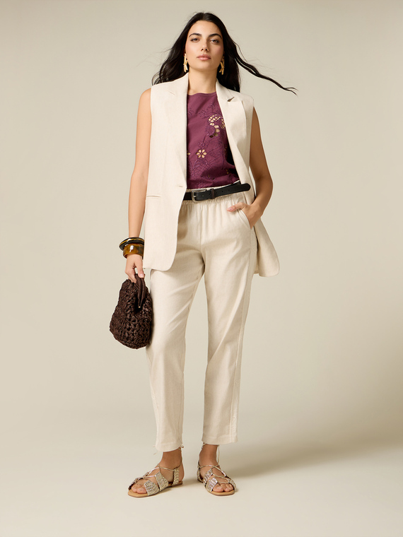 Mixed linen trousers with broderie anglaise band