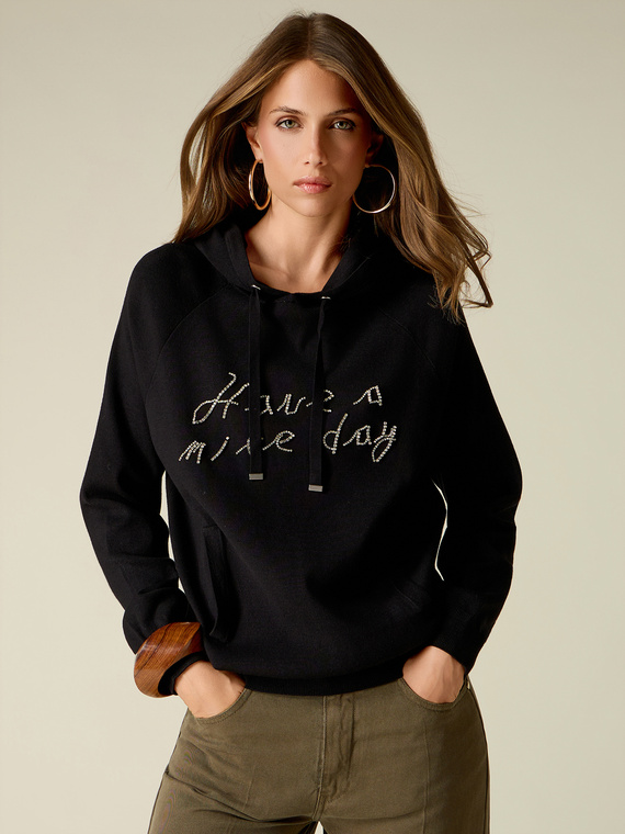 Hooded sweater with jewel embroidery