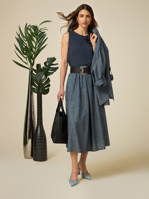 Denim-effect linen-blend midi skirt
