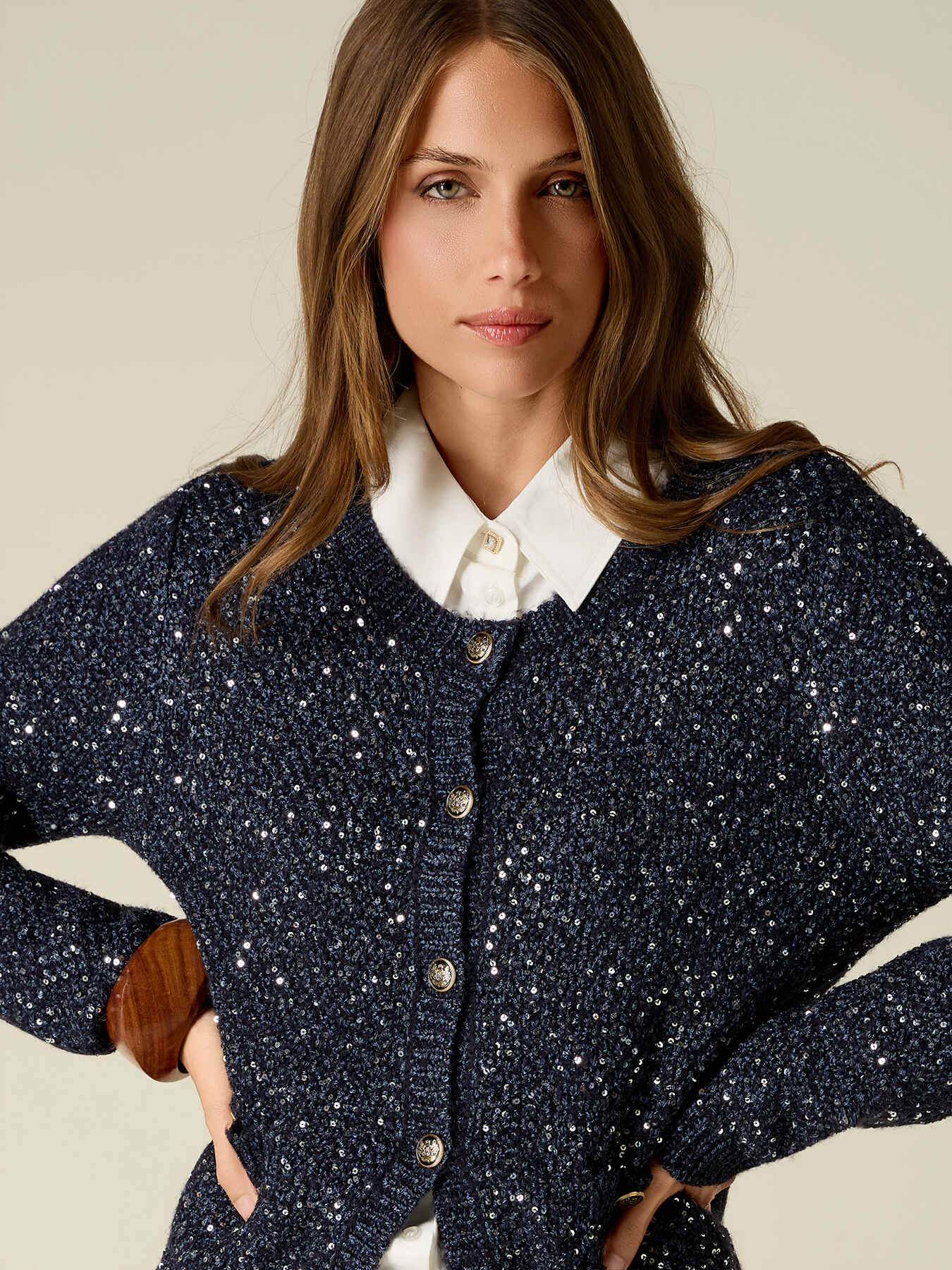 Cardigan en laine m&eacute;lang&eacute;e &agrave; sequins image number 2