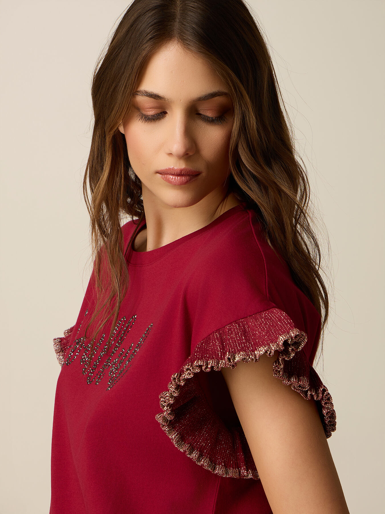 Cotton t-shirt with crystals and ruffles image number 2