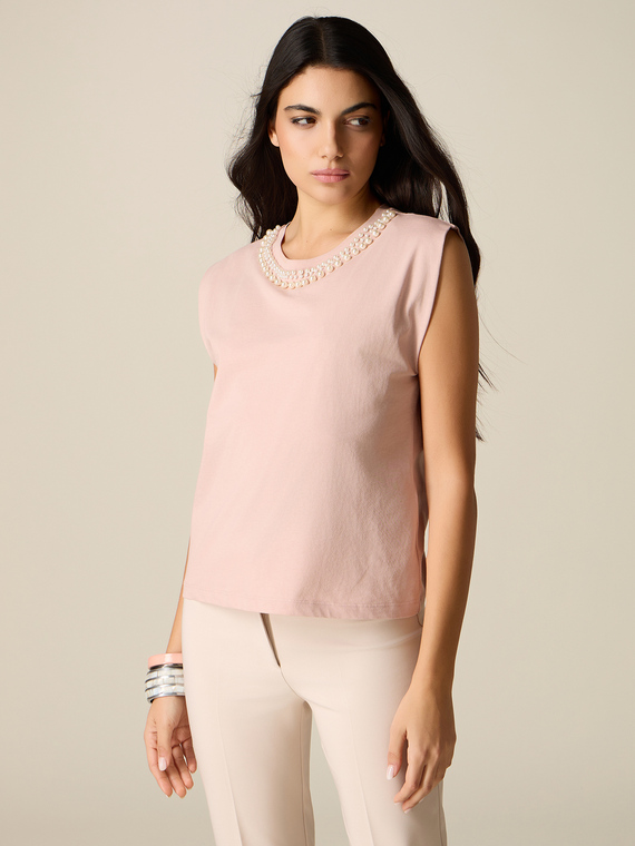 Tricou din bumbac cu perle
