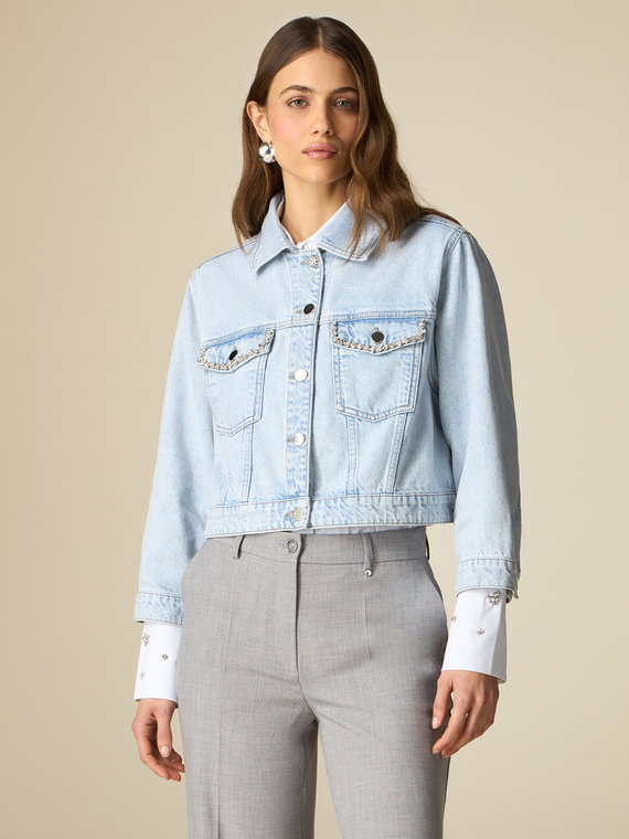 Cropped denim trucker jacket with crystals