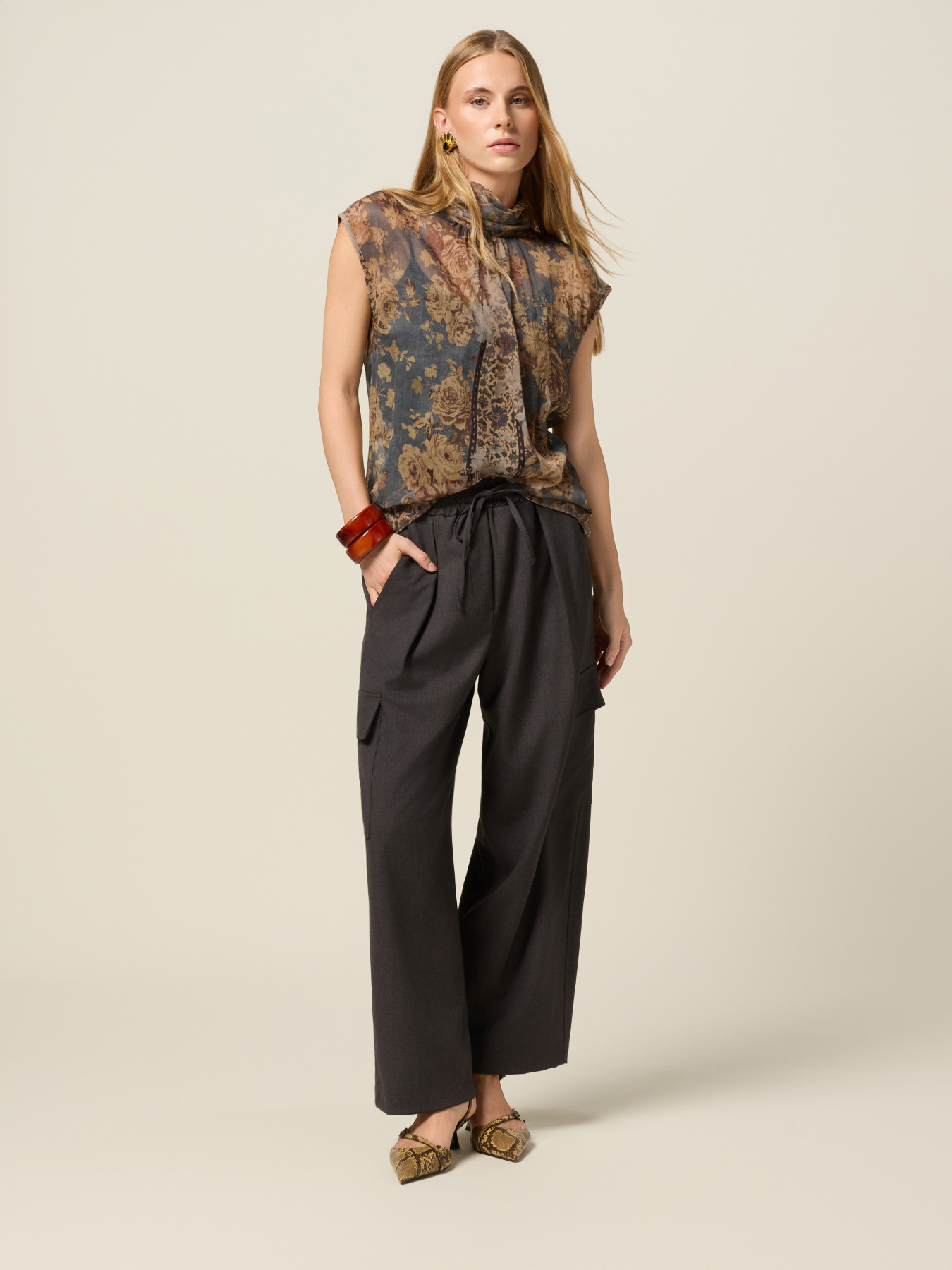 Pantalon cargo en polyester teint en fil image number 0