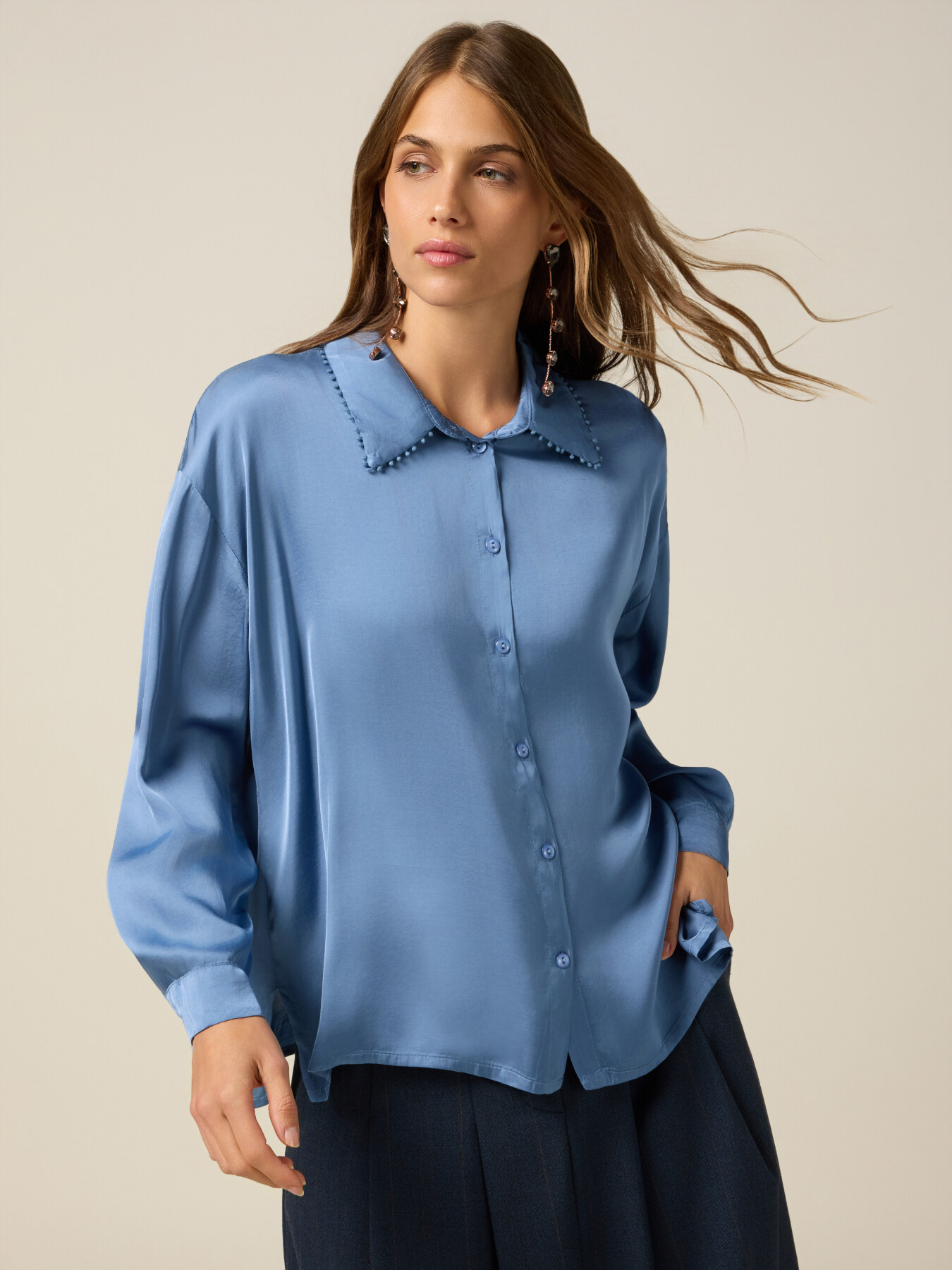 Satin shirt with decorated trims image number 0