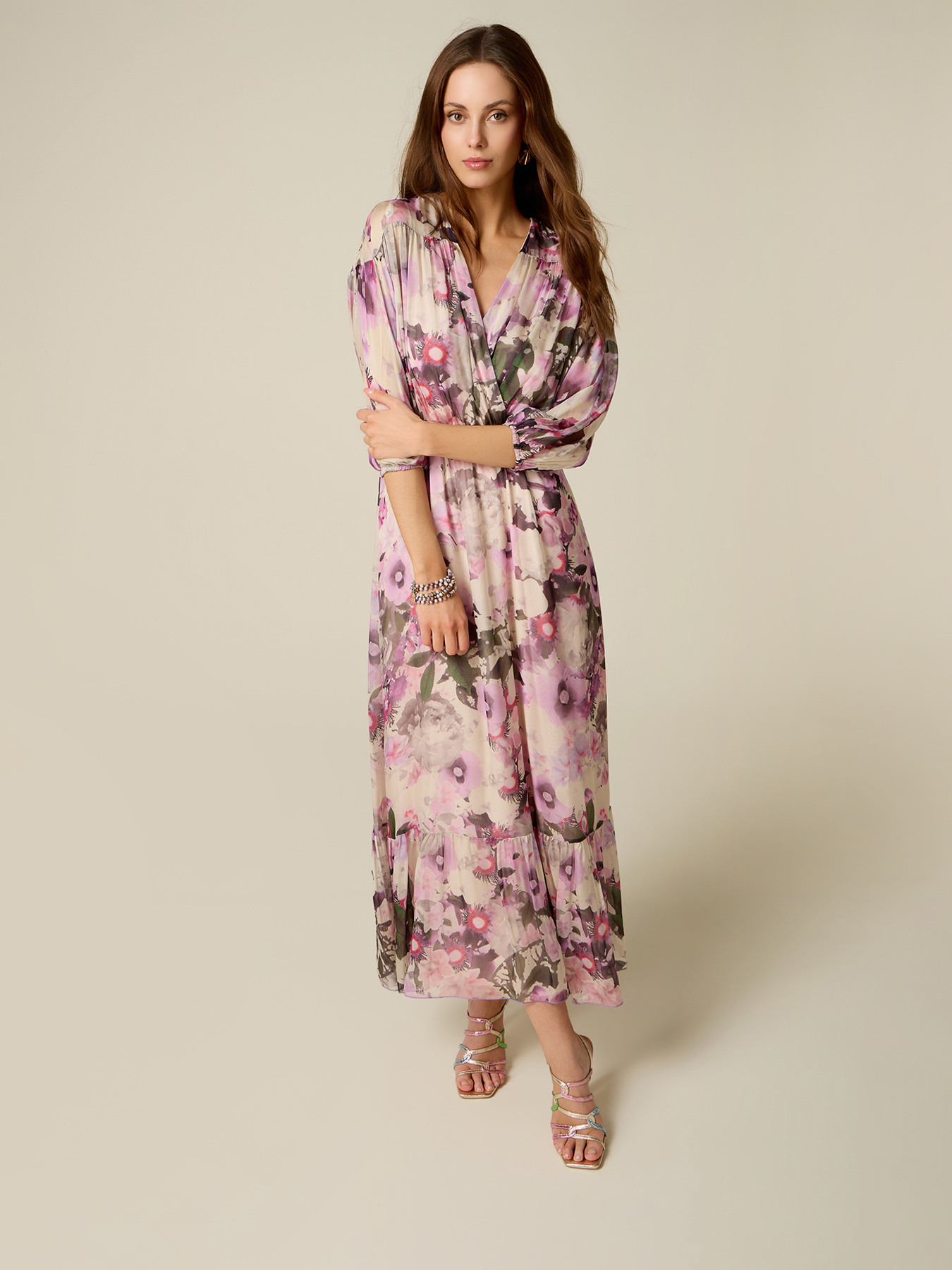Langes Kleid aus Seiden-Voile-Mix mit Muster image number 0