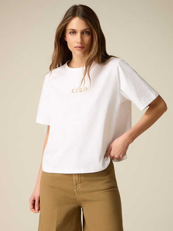 Boxy cotton t-shirt with jewel embroidery