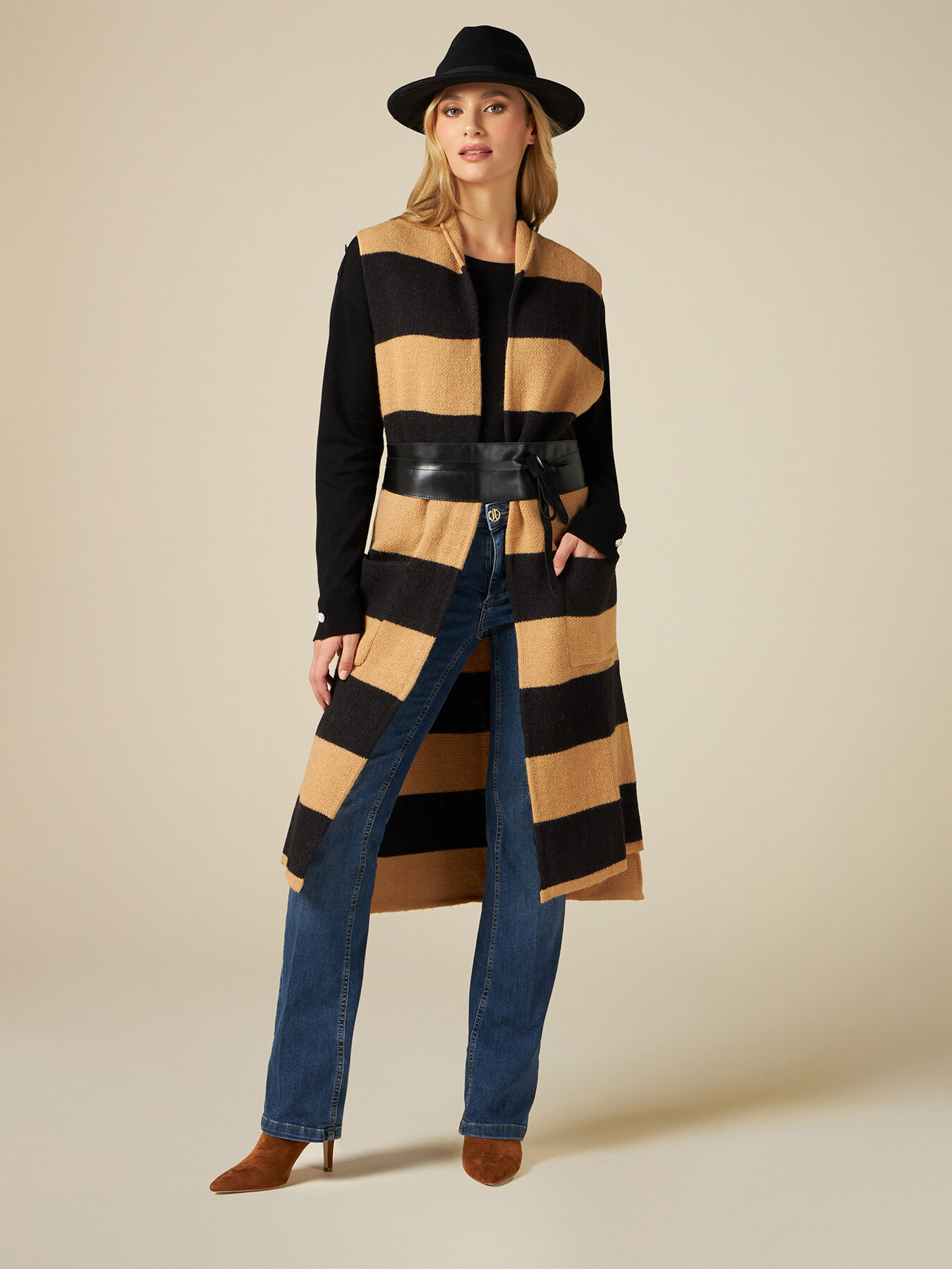 Gilet lungo a righe in maglia misto lana image number 3