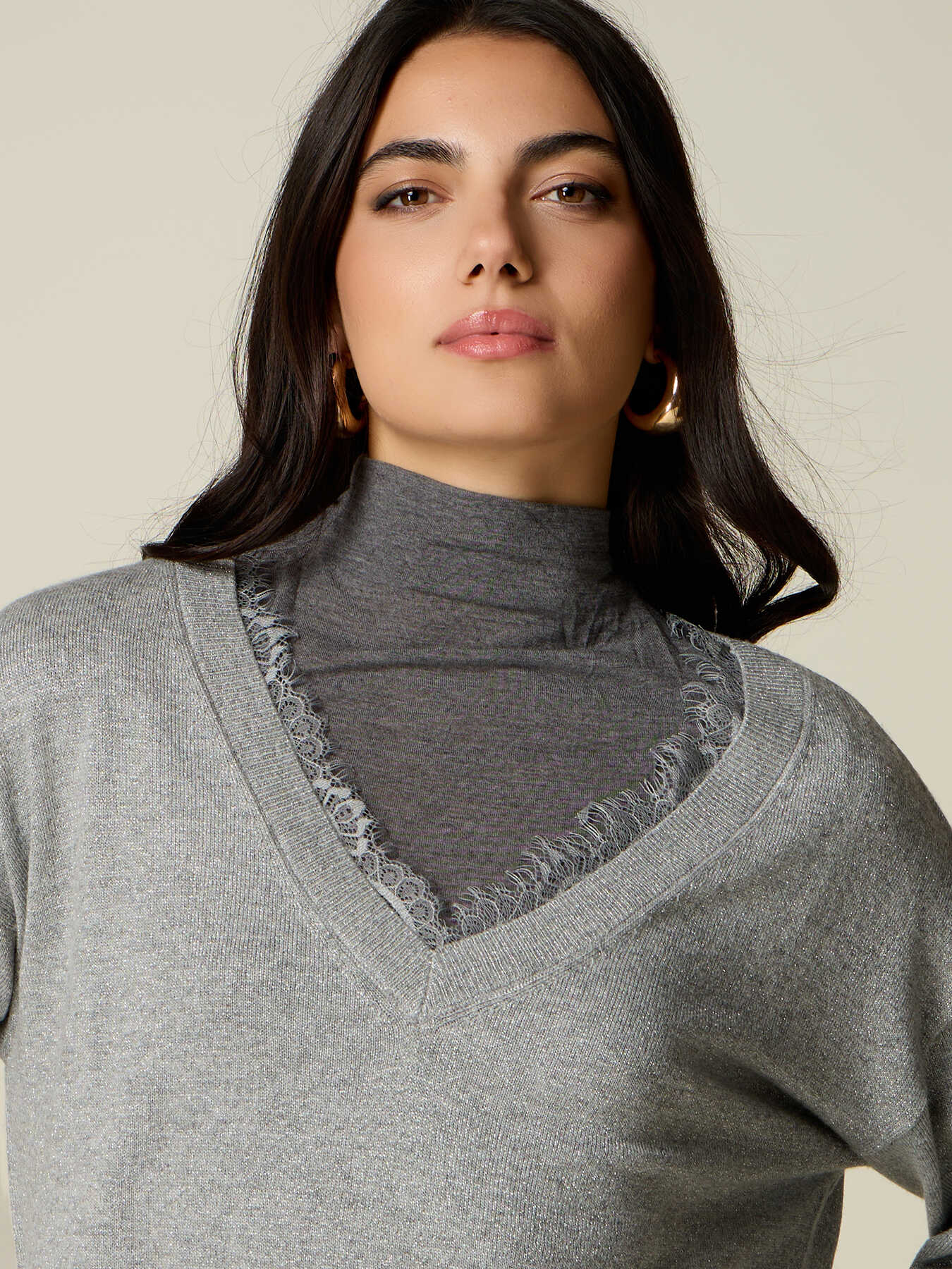 Lurex wool-blend knit top with lace image number 2