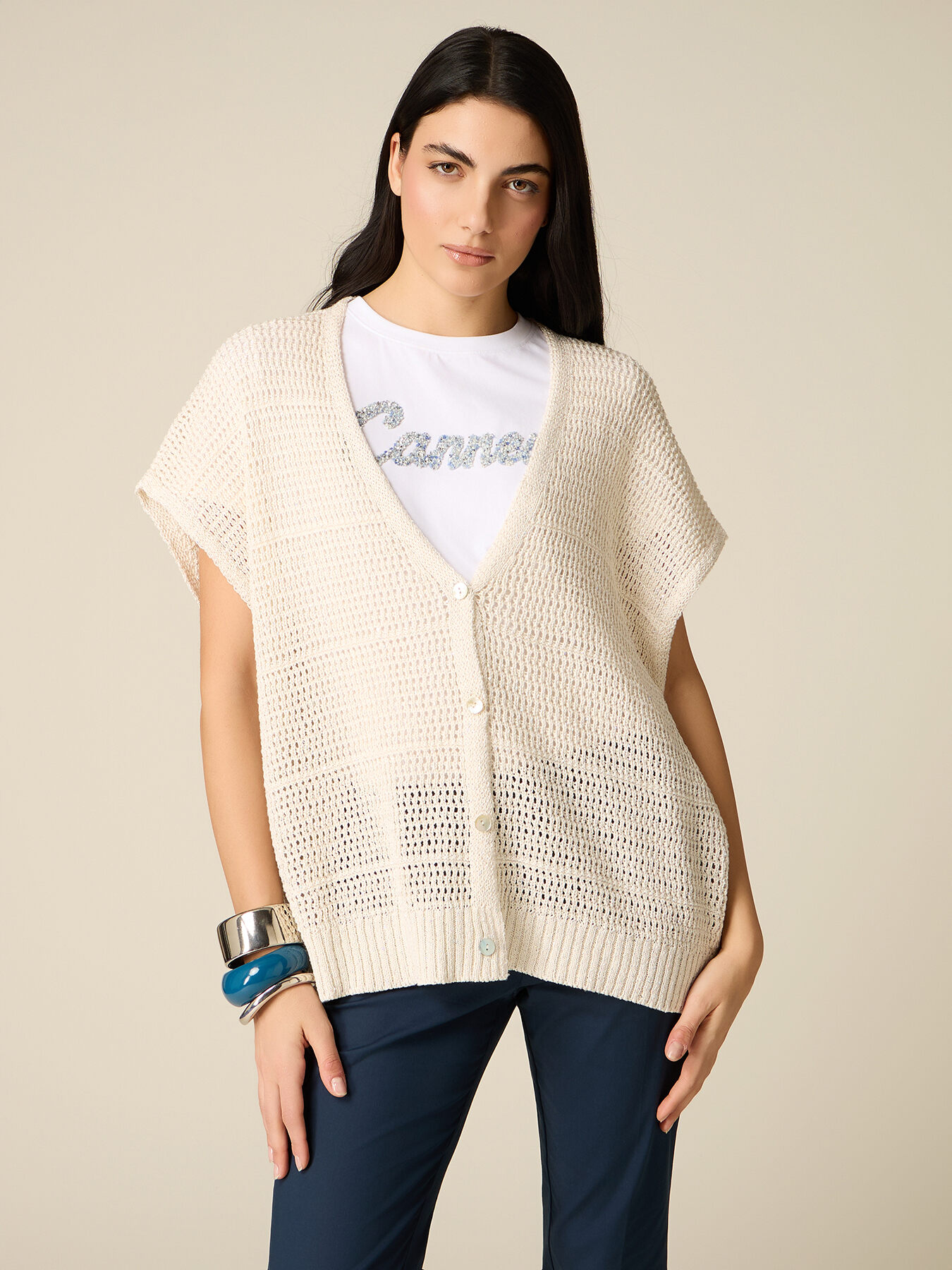 Kurzarm-Cardigan mit Lochmuster image number 0