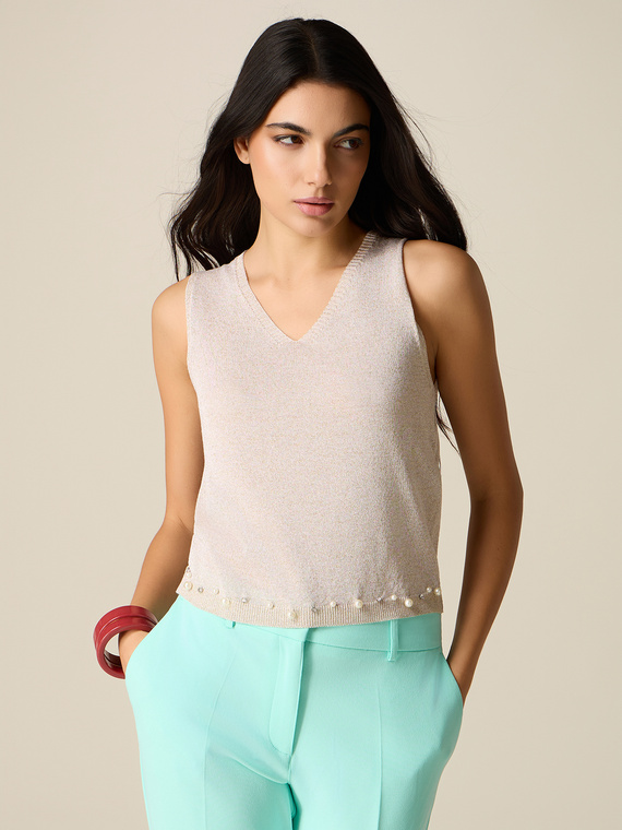 Top en tricot lurex avec broderie bijou