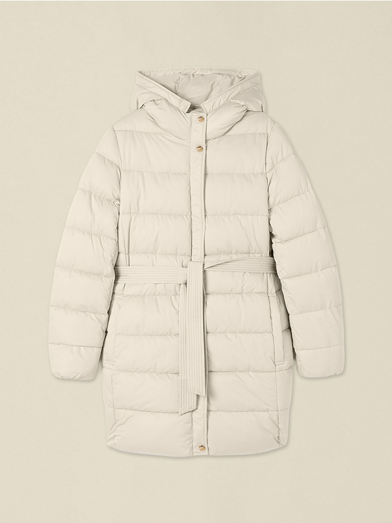 Mid-length puffer jacket with belt and hood