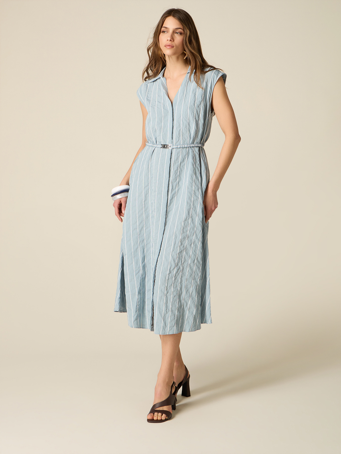 Striped shirt dress with belt image number 0