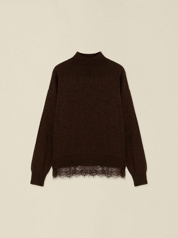 Rollkragenpullover aus Lurex-Wollmischung mit Spitze