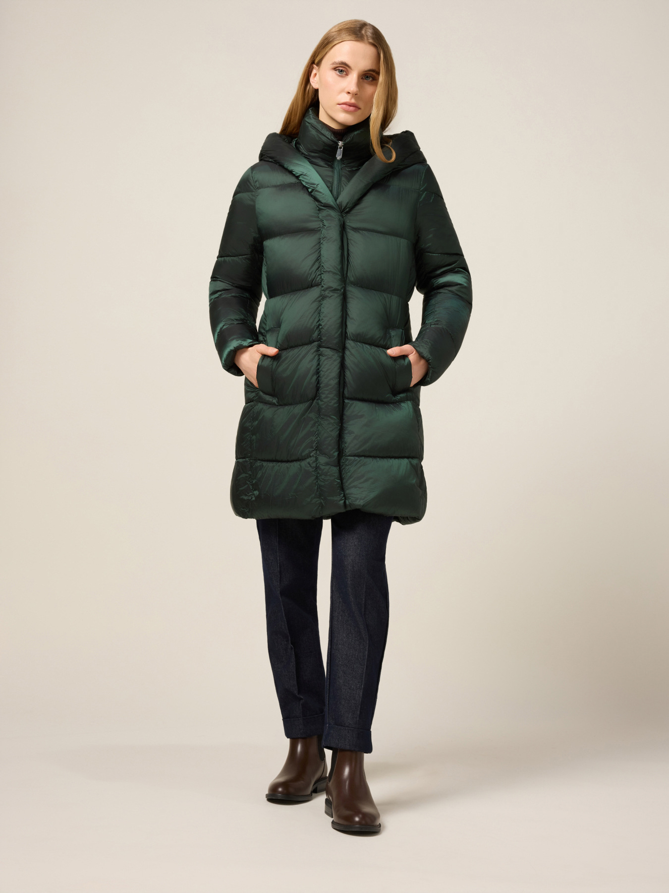 Long nylon down jacket with hood image number 0