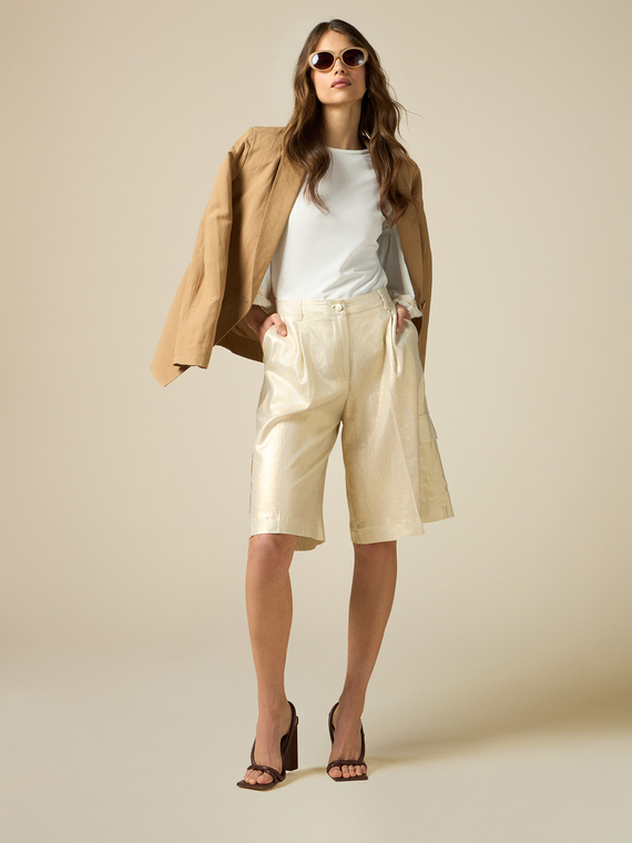 Linen blend Bermuda shorts with gold print